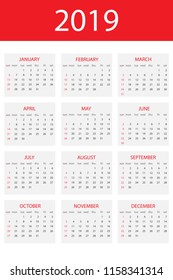 Calendar 2019 year, simple design template, vertical format, week starts on Sunday