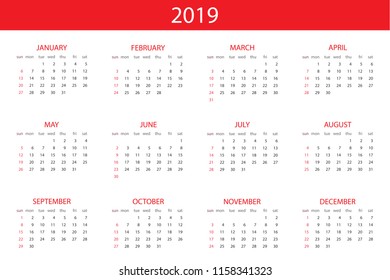 Calendar 2019 year, simple design template, week starts on Sunday