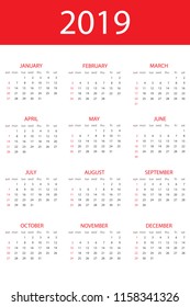 Calendar 2019 year, simple design template, vertical format, week starts on Sunday