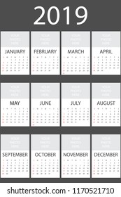 Calendar 2019 year, simple design template, vertical format, week starts on Sunday