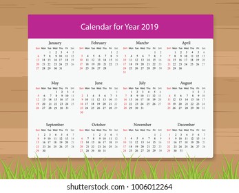 Calendar 2019 year in simple style on wooden texture background. Week starts from Sunday. Vector illustration.