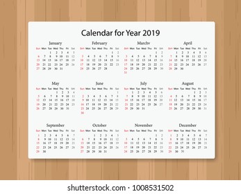 Calendar 2019 year in simple style on wooden texture background. Week starts from Sunday. Vector illustration.