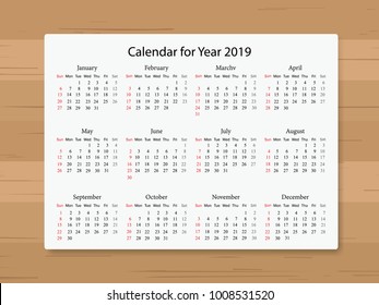 Calendar 2019 year in simple style on wooden texture background. Week starts from Sunday. Vector illustration.