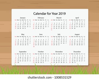 Calendar 2019 year in simple style on wooden texture background. Week starts from Sunday. Vector illustration.