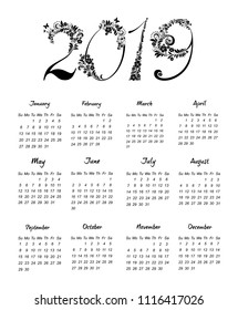 Calendar 2019 year in simple style. Week starts from Sunday. Vector illustration.