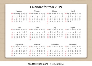 Calendar 2019 year in simple style on wooden texture background. Week starts from Sunday. Vector illustration.