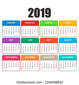 Calendar 2019 year in simple style. Calendar planner design template. Colored agenda monthly template. Business vector illustration.