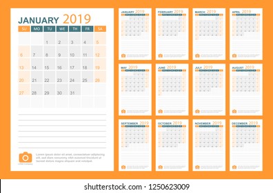 Calendar 2019 year in simple style. Calendar planner design template. Agenda monthly template with company logo. Business vector illustration.