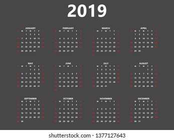 Calendar 2019 year simple style planner. Black background and white symbols.  Week starts from Sunday