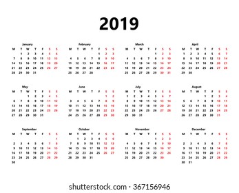 Calendar 2019 year simple style. Week starts from monday