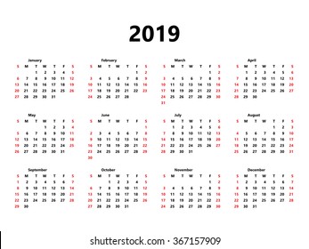 Calendar 2019 year simple style. Week starts from sunday