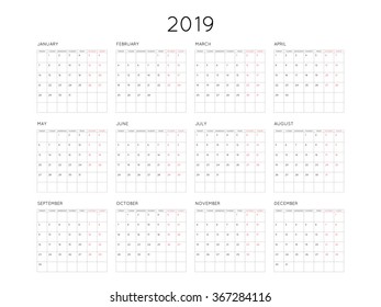 Calendar 2019 year simple style with grid. Week starts from monday