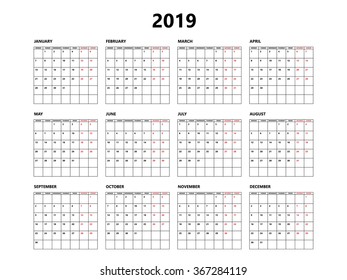 Calendar 2019 Jahr einfache Stil mit Gitter. Die Woche beginnt am Montag