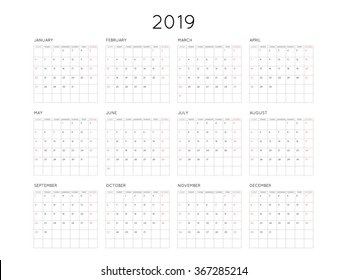 Calendar 2019 year simple style with grid. Week starts from sunday