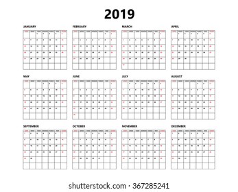 Calendar 2019 year simple style with grid. Week starts from sunday