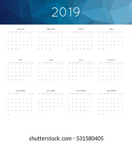 Calendar 2019 year simple style. With abstract geometric triangle mosaic tessllation header,banner.  Week starts from monday
