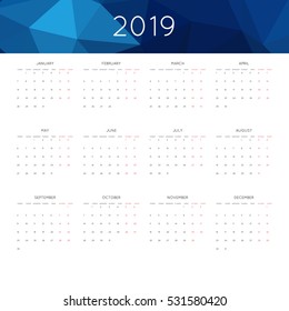 Calendar 2019 year simple style. With abstract geometric triangle mosaic tessllation header,banner.  Week starts from monday