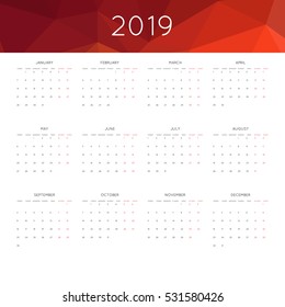 Calendar 2019 year simple style. With abstract geometric triangle mosaic tessllation header,banner.  Week starts from monday