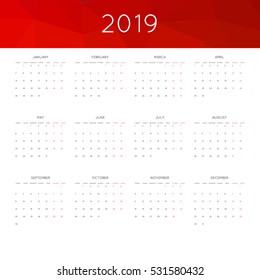 Calendar 2019 year simple style. With abstract geometric triangle mosaic tessllation header,banner.  Week starts from monday