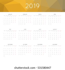 Calendar 2019 year simple style. With abstract geometric triangle mosaic tessllation header,banner.  Week starts from monday