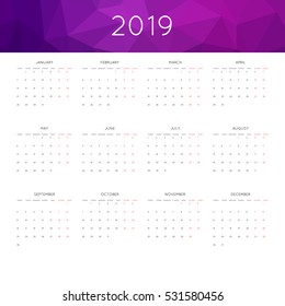 Calendar 2019 year simple style. With abstract geometric triangle mosaic tessllation header,banner.  Week starts from monday