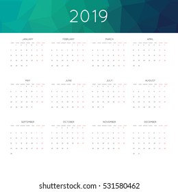 Calendar 2019 year simple style. With abstract geometric triangle mosaic tessllation header,banner.  Week starts from monday