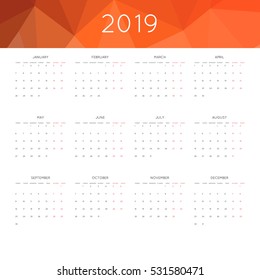 Calendar 2019 year simple style. With abstract geometric triangle mosaic tessllation header,banner.  Week starts from monday