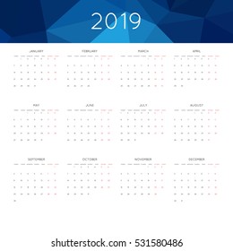 Calendar 2019 year simple style. With abstract geometric triangle mosaic tessllation header,banner.  Week starts from monday