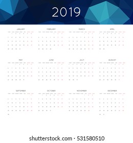 Calendar 2019 year simple style. With abstract geometric triangle mosaic tessllation header,banner.  Week starts from monday