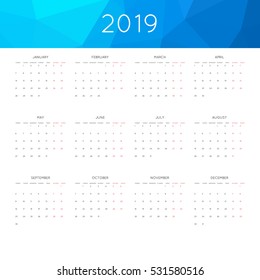 Calendar 2019 year simple style. With abstract geometric triangle mosaic tessllation header,banner.  Week starts from monday