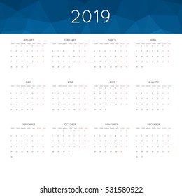 Calendar 2019 year simple style. With abstract geometric triangle mosaic tessllation header,banner.  Week starts from monday