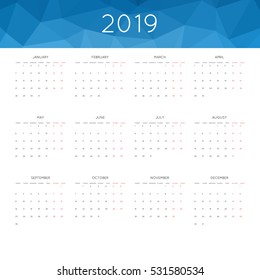 Calendar 2019 year simple style. With abstract geometric triangle mosaic tessllation header,banner.  Week starts from monday