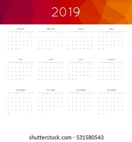 Calendar 2019 year simple style. With abstract geometric triangle mosaic tessllation header,banner.  Week starts from monday