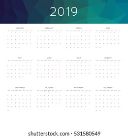 Calendar 2019 year simple style. With abstract geometric triangle mosaic tessllation header,banner.  Week starts from monday
