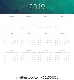 Calendar 2019 year simple style. With abstract geometric triangle mosaic tessllation header,banner.  Week starts from monday