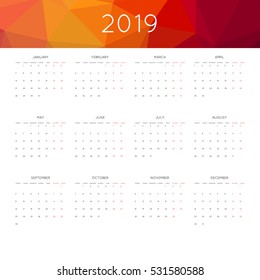 Calendar 2019 year simple style. With abstract geometric triangle mosaic tessllation header,banner.  Week starts from monday