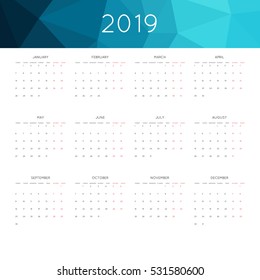 Calendar 2019 year simple style. With abstract geometric triangle mosaic tessllation header,banner.  Week starts from monday