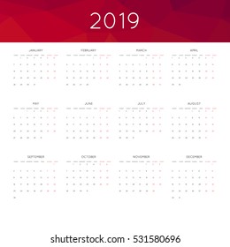 Calendar 2019 year simple style. With abstract geometric triangle mosaic tessllation header,banner.  Week starts from monday