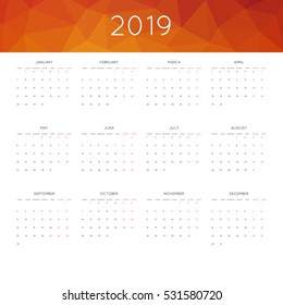 Calendar 2019 year simple style. With abstract geometric triangle mosaic tessllation header,banner.  Week starts from monday