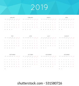Calendar 2019 year simple style. With abstract geometric triangle mosaic tessllation header,banner.  Week starts from monday