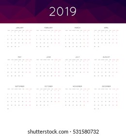 Calendar 2019 year simple style. With abstract geometric triangle mosaic tessllation header,banner.  Week starts from monday