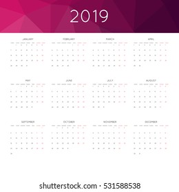 Calendar 2019 year simple style. With abstract geometric triangle mosaic tessllation header,banner.  Week starts from monday