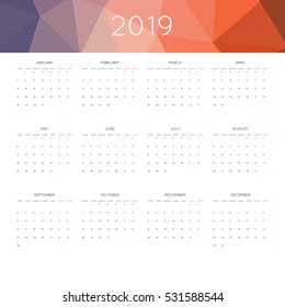 Calendar 2019 year simple style. With abstract geometric triangle mosaic tessllation header,banner.  Week starts from monday