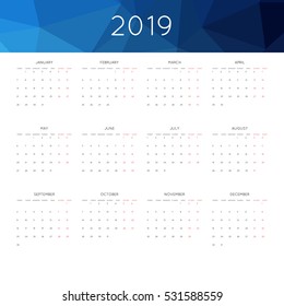 Calendar 2019 year simple style. With abstract geometric triangle mosaic tessllation header,banner.  Week starts from monday