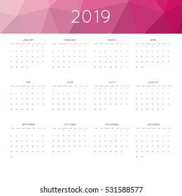 Calendar 2019 year simple style. With abstract geometric triangle mosaic tessllation header,banner.  Week starts from monday