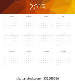 Calendar 2019 year simple style. With abstract geometric triangle mosaic tessllation header,banner.  Week starts from monday