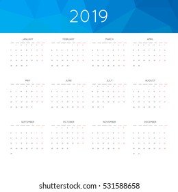 Calendar 2019 year simple style. With abstract geometric triangle mosaic tessllation header,banner.  Week starts from monday
