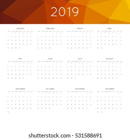 Calendar 2019 year simple style. With abstract geometric triangle mosaic tessllation header,banner.  Week starts from monday