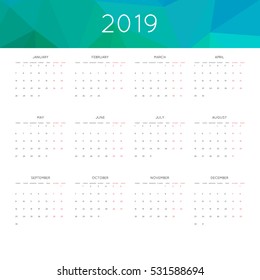 Calendar 2019 year simple style. With abstract geometric triangle mosaic tessllation header,banner.  Week starts from monday