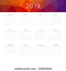 Calendar 2019 year simple style. With abstract geometric triangle mosaic tessllation header,banner.  Week starts from sunday